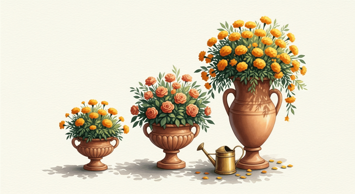 Trois jardinières fleuries, de la plus modeste à la plus abondante