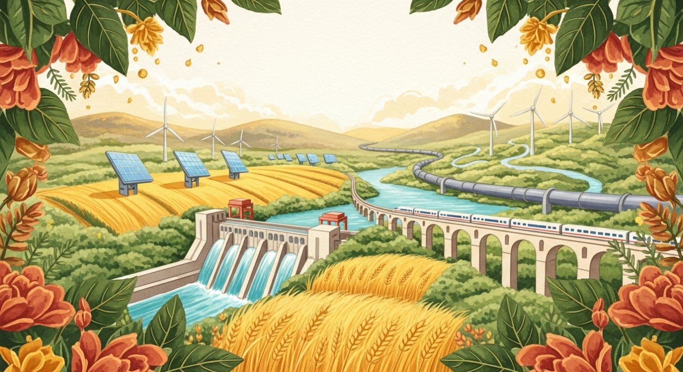 Barrage, miroirs solaires, éoliennes et train à grande vitesse dans un même paysage